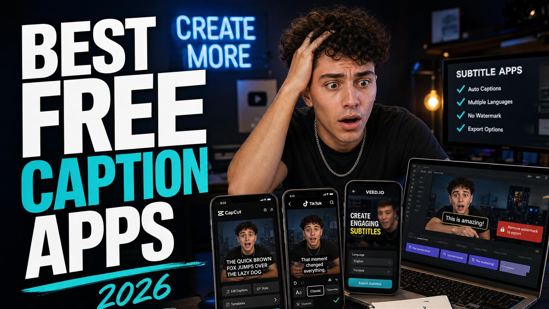 Creator comparing free caption apps on phone and laptop with BEST FREE CAPTION APPS 2026 headline