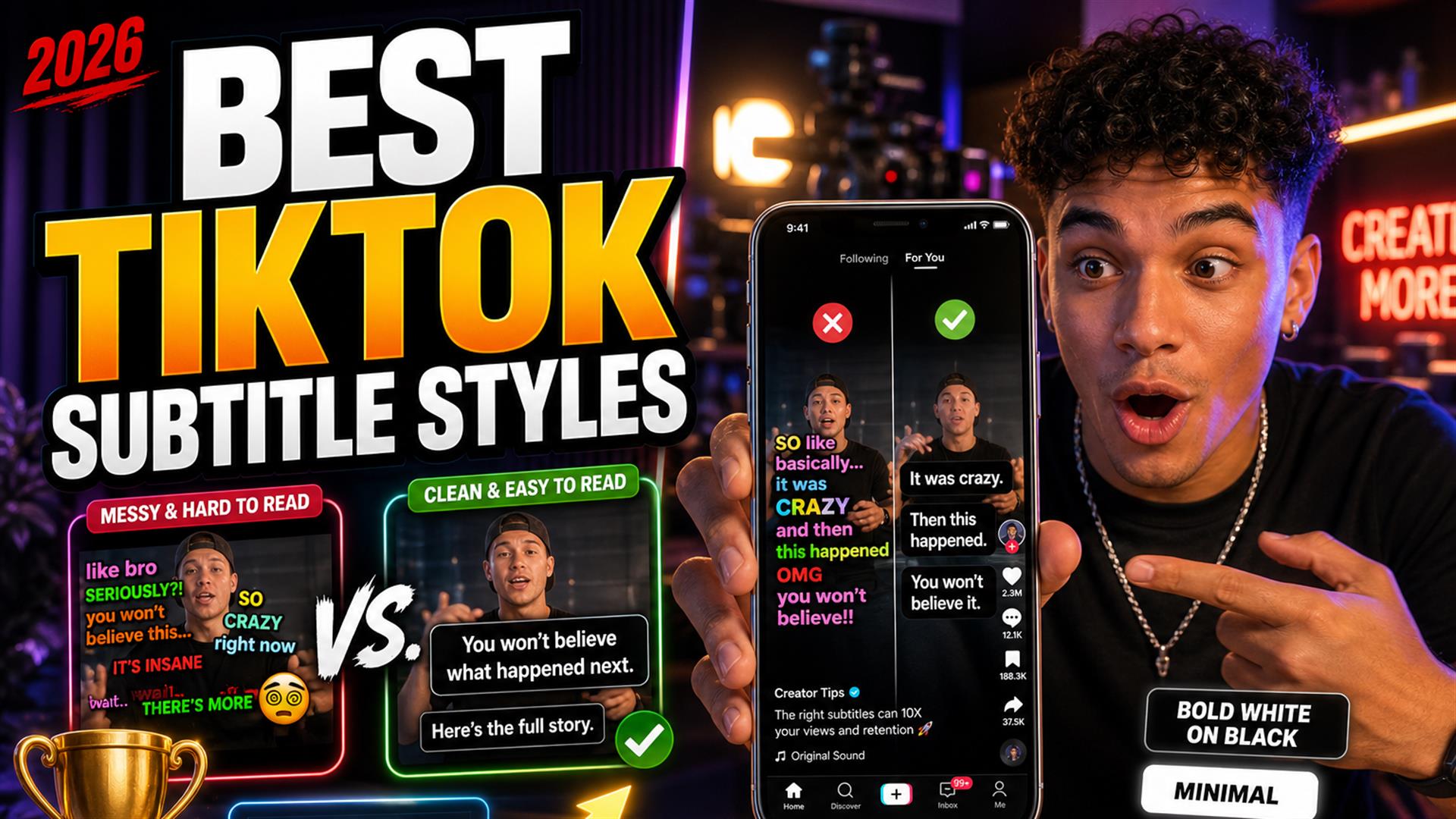 Creator comparing messy versus clean TikTok subtitle styles on a smartphone