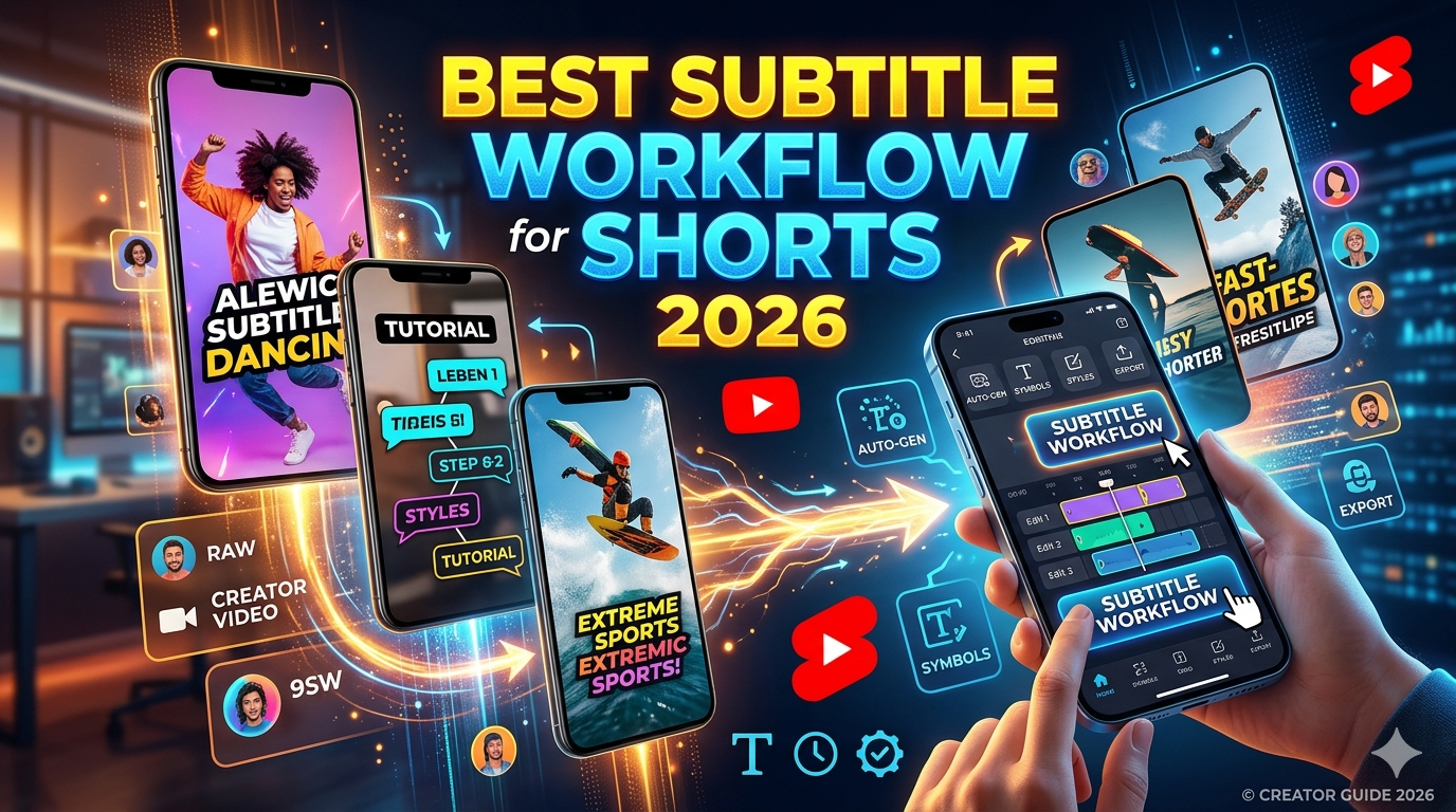 Creator editing vertical YouTube Shorts with subtitle overlays