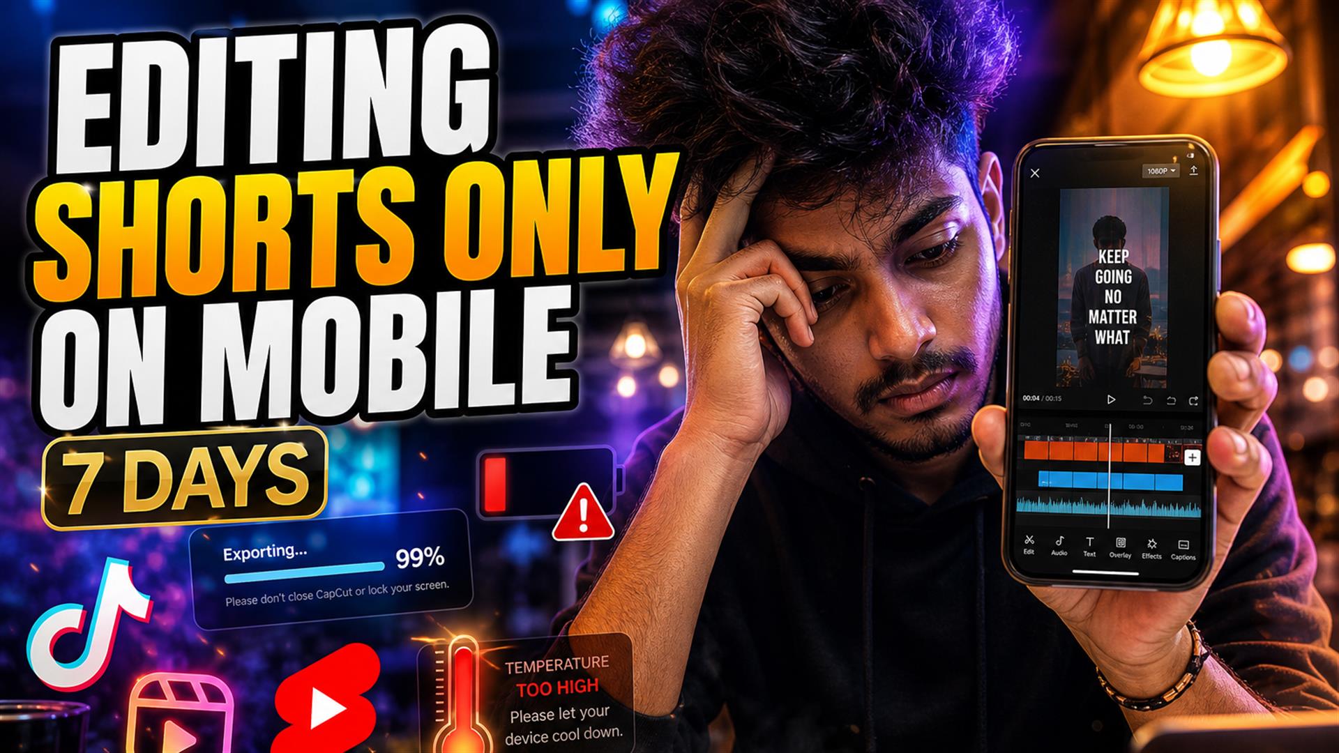 Exhausted creator editing YouTube Shorts on iPhone with export progress and battery warning