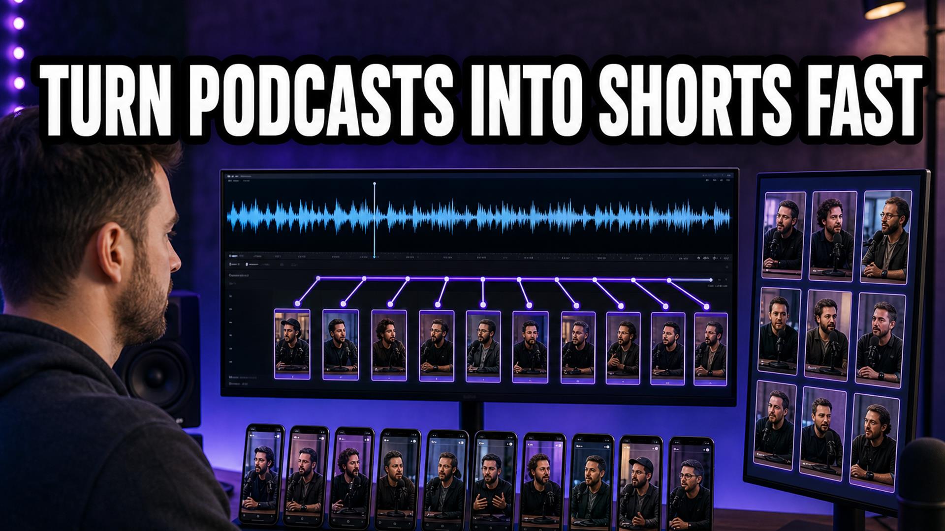 Creator turning a long podcast episode into multiple vertical Shorts clips with subtitles