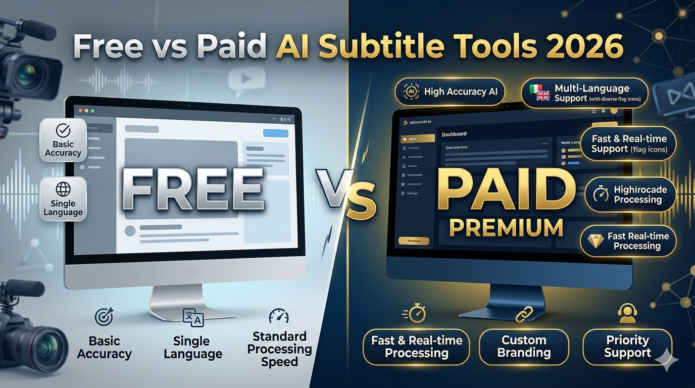 Creator comparing free vs paid subtitle tool pricing on a workstation