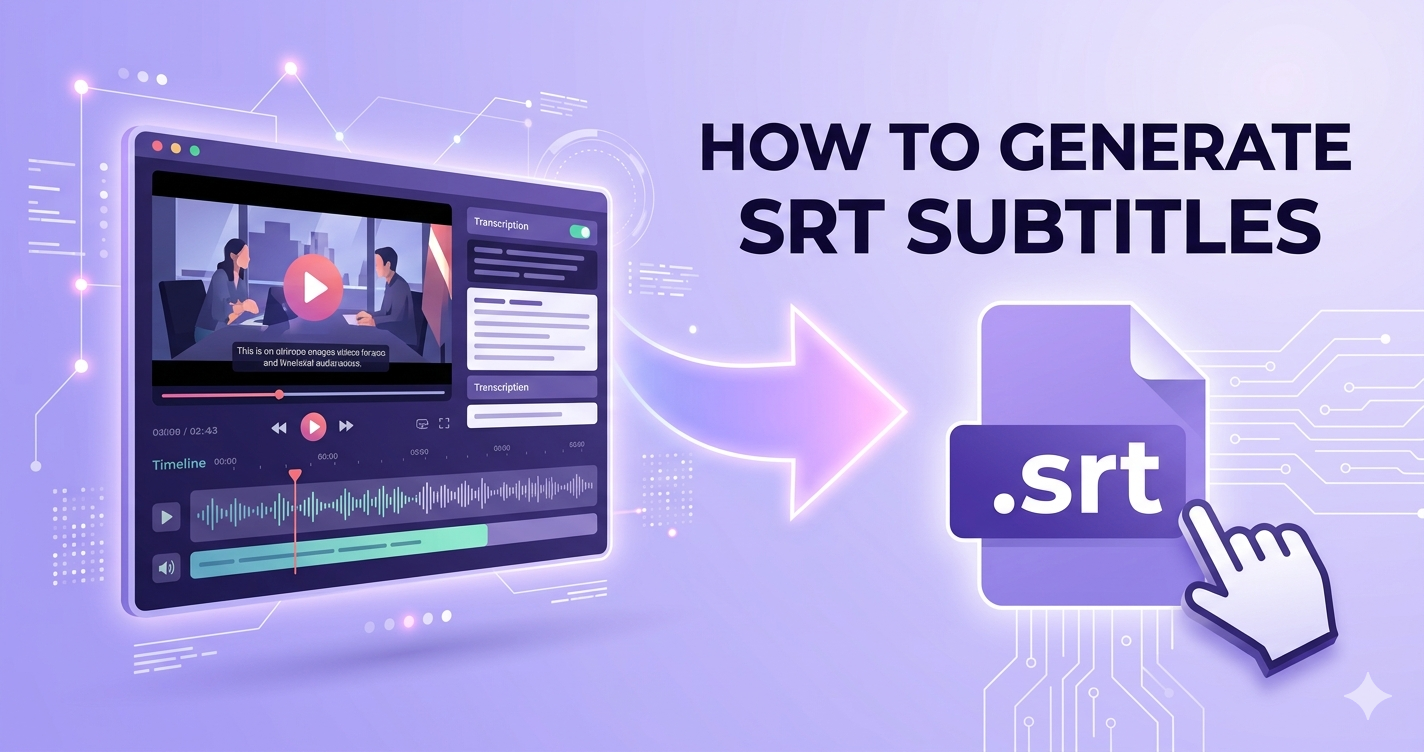 Creator generating SRT subtitles for a YouTube video on a modern workspace
