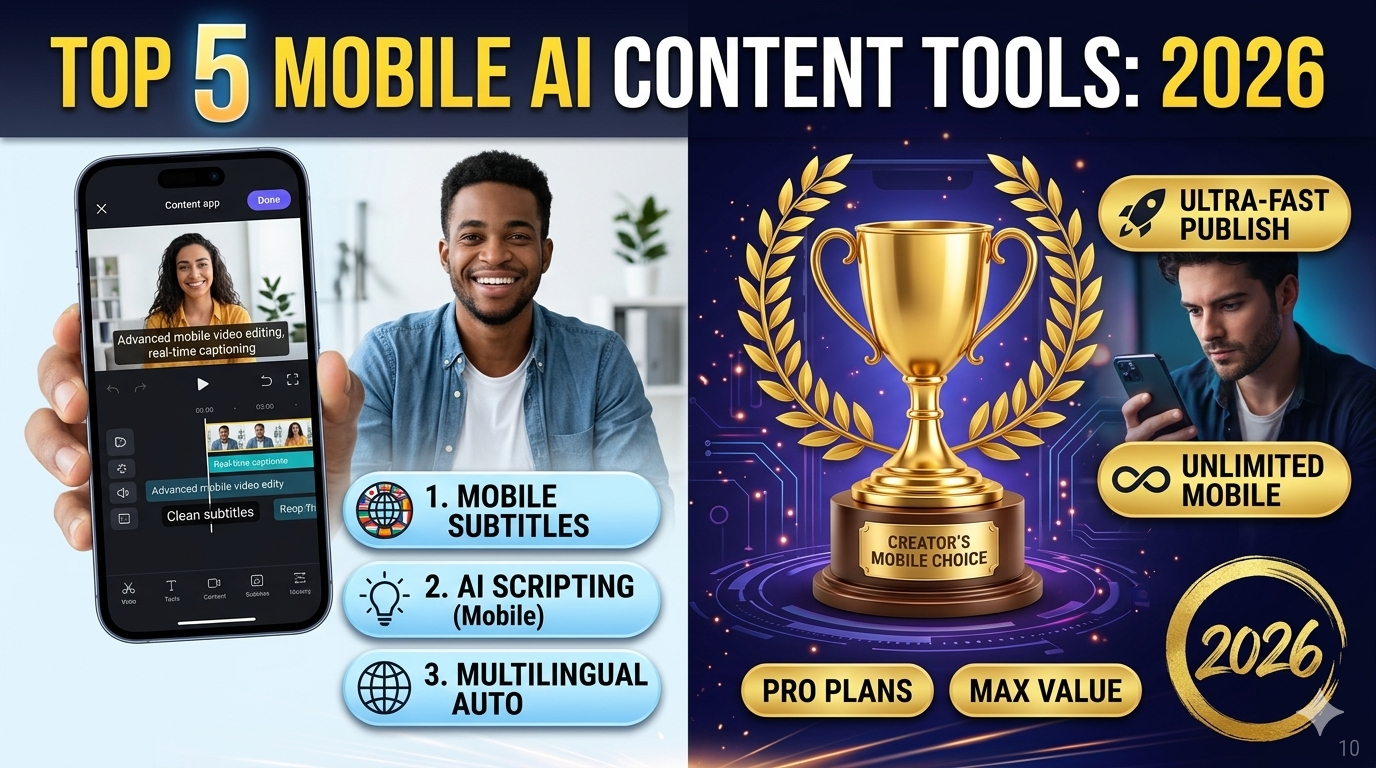 Creator editing subtitles on a phone with a frustrated browser tab in background