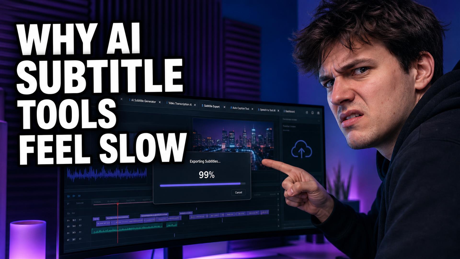 Frustrated creator waiting on a frozen subtitle export progress bar at 99 percent