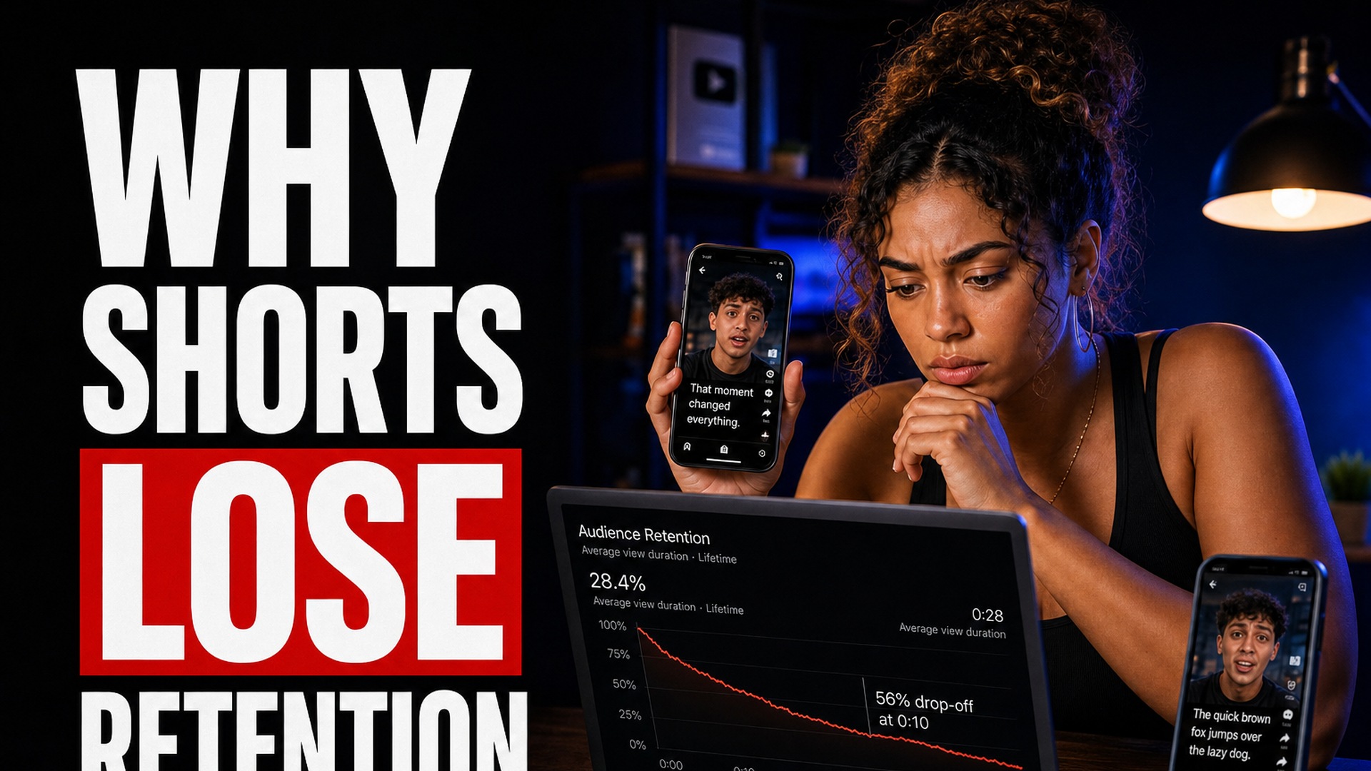 Mixed-race female creator analyzing dropping Shorts retention graphs on laptop and phone