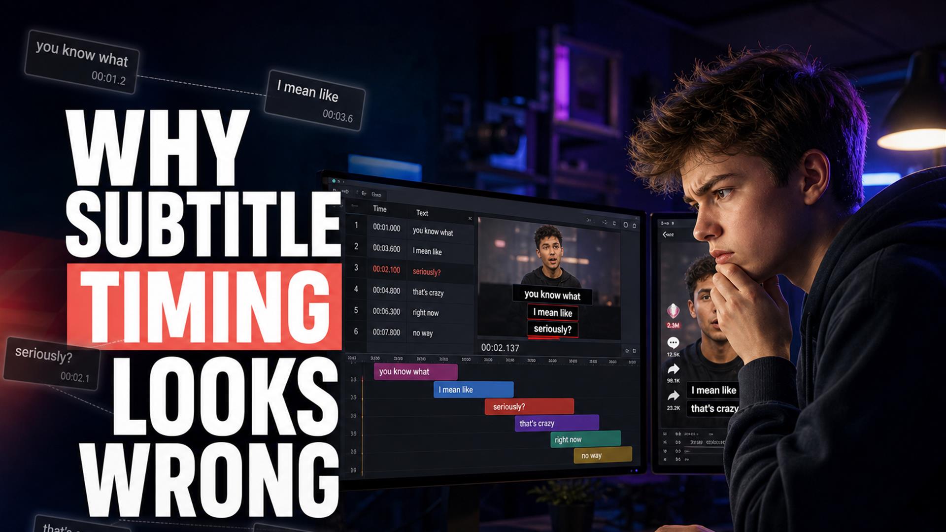 Teenage computer genius creator frustrated at out-of-sync subtitles on dual monitors and phone