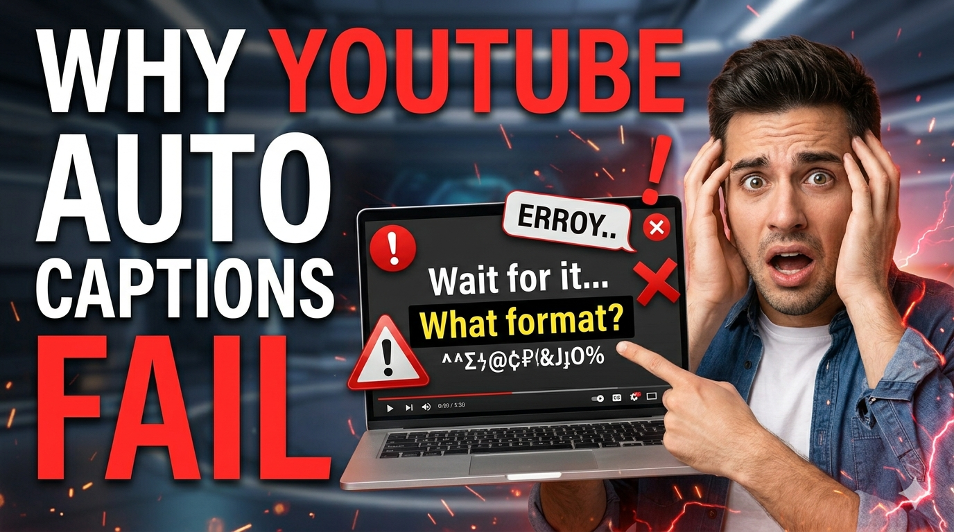 YouTube creator reviewing broken auto captions on a monitor